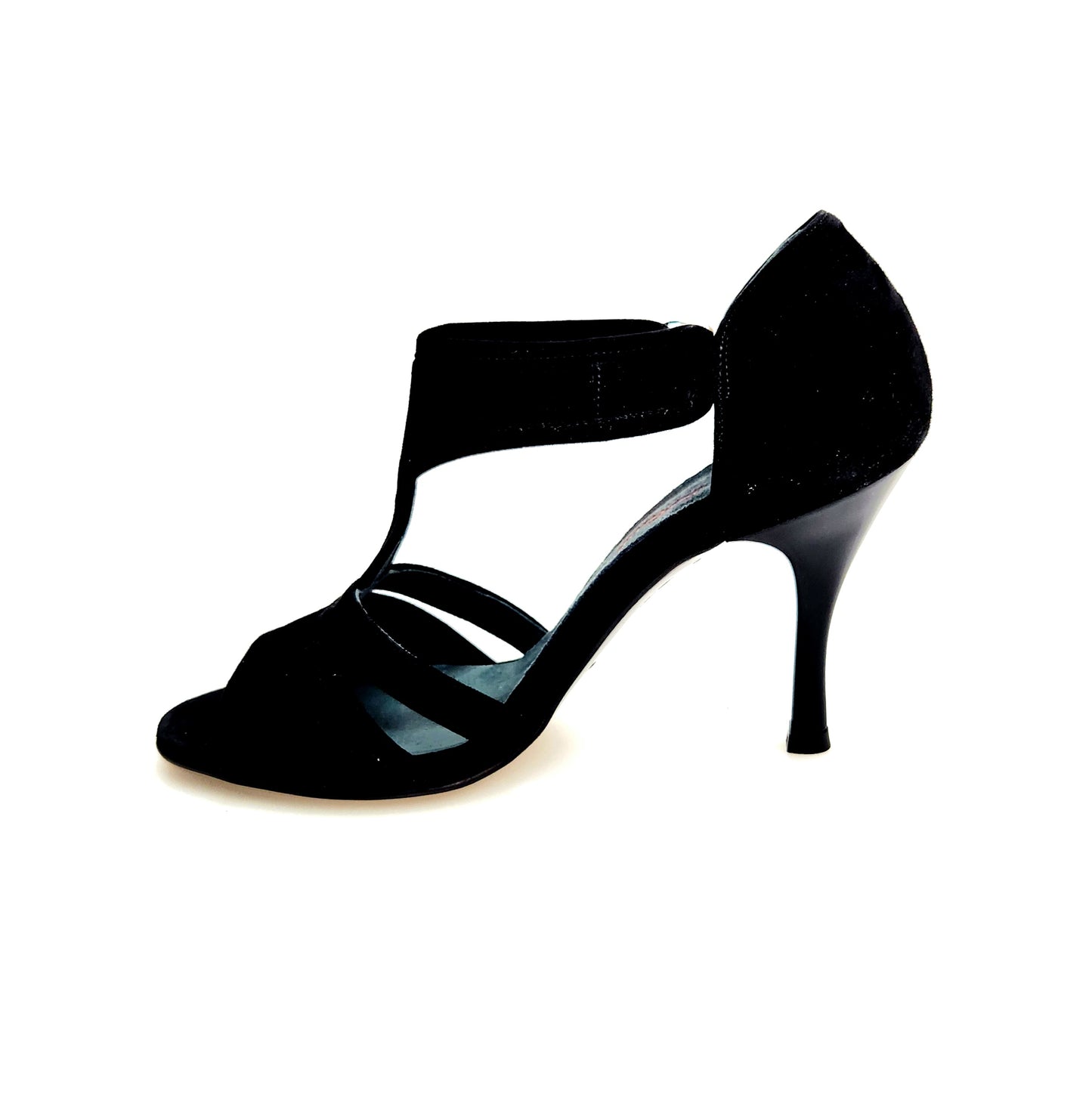 Sandalo da donna ROXINA in camoscio nero con tacco sottile a rocchettino smaltato nero, marca Wish Dance Shop.