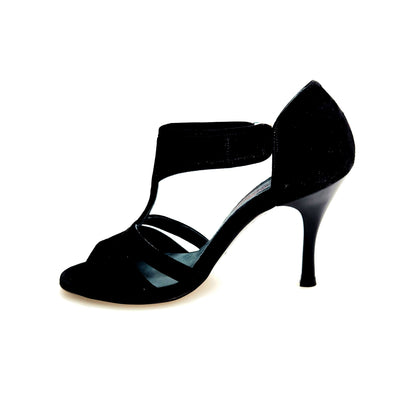 Sandalo da donna ROXINA in camoscio nero con tacco sottile a rocchettino smaltato nero, marca Wish Dance Shop.