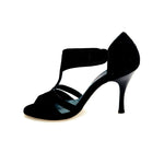 Load image into Gallery viewer, ROXINA (R.L. XENA By WISH DANCE ) - Sandalo da donna in camoscio nero con Tacco a Rocchettino Sottile Smaltato Nero
