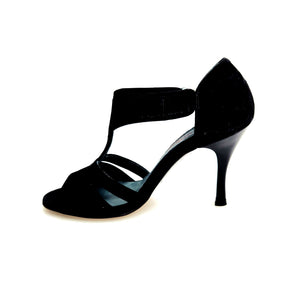 ROXINA (R.L. XENA By WISH DANCE ) - Sandalo da donna in camoscio nero con Tacco a Rocchettino Sottile Smaltato Nero