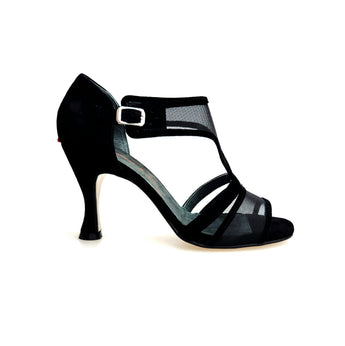ROXINA  (R.L. XENA By WISH DANCE F.533) - Sandalo da donna in camoscio nero Retina con con Tacco a Rocchetto Rotondo