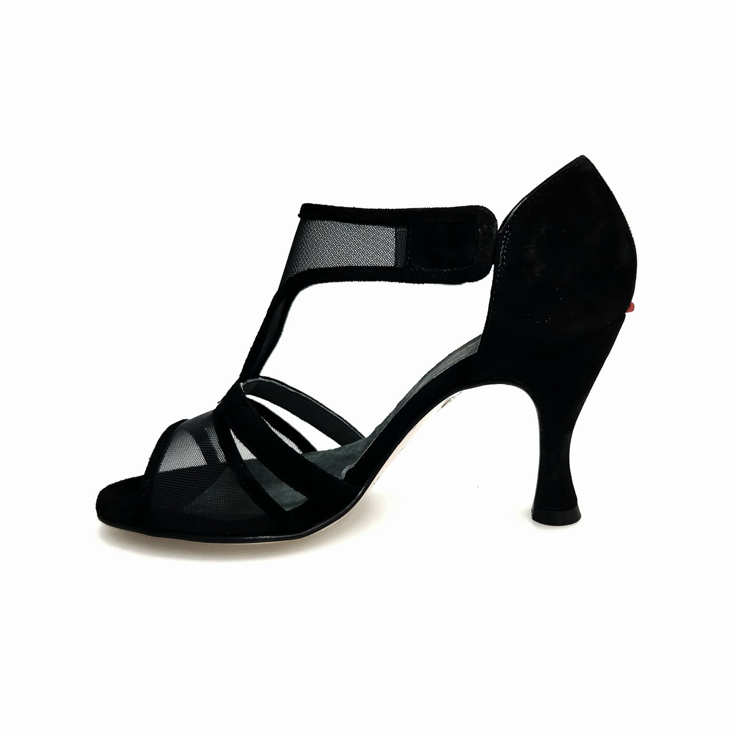 Sandalo donna ROXINA in camoscio nero con tacco a rocchetto rotondo, modello R.L. XENA di Wish Dance, vista frontale