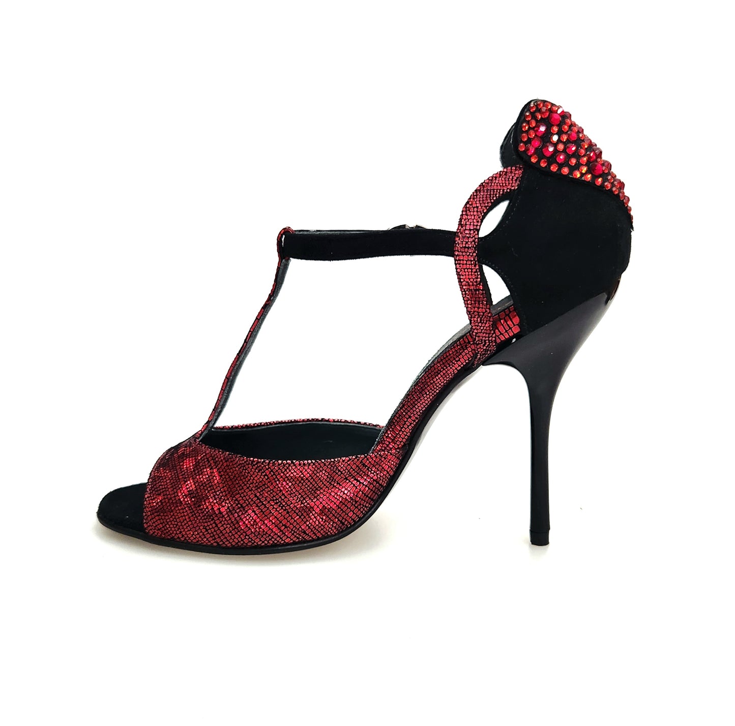 Sandalo donna Wish Dance Bell/C Plus Red Cuore SW in camoscio nero con cuore Swarovski rosso e tacco a spillo smaltato nero