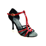 Load image into Gallery viewer, DILETTA (R.L. T114 By WISH DANCE ) - Sandalo da Donna in Camoscio Nero Strisce sulla Pianta in Camoscio Nero e Vernice Rossa  con Tacco a Rocchettino Sottile Smaltato Nero
