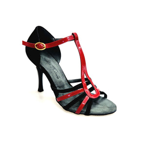 DILETTA (R.L. T114 By WISH DANCE ) - Sandalo da Donna in Camoscio Nero Strisce sulla Pianta in Camoscio Nero e Vernice Rossa  con Tacco a Rocchettino Sottile Smaltato Nero