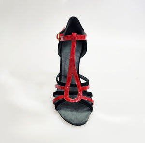 DILETTA (R.L. T114 By WISH DANCE ) - Sandalo da Donna in Camoscio Nero Strisce sulla Pianta in Camoscio Nero e Vernice Rossa  con Tacco a Rocchettino Sottile Smaltato Nero