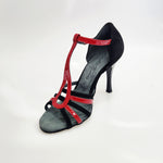 Load image into Gallery viewer, DILETTA (R.L. T114 By WISH DANCE ) - Sandalo da Donna in Camoscio Nero Strisce sulla Pianta in Camoscio Nero e Vernice Rossa  con Tacco a Rocchettino Sottile Smaltato Nero
