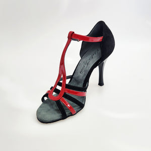 DILETTA (R.L. T114 By WISH DANCE ) - Sandalo da Donna in Camoscio Nero Strisce sulla Pianta in Camoscio Nero e Vernice Rossa  con Tacco a Rocchettino Sottile Smaltato Nero
