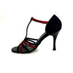 Load image into Gallery viewer, DILETTA (R.L. T114 By WISH DANCE ) - Sandalo da Donna in Camoscio Nero Strisce sulla Pianta in Camoscio Nero e Vernice Rossa  con Tacco a Rocchettino Sottile Smaltato Nero
