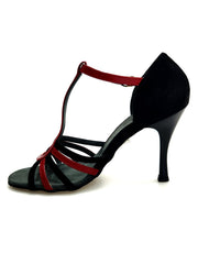 Carica immagine nella Galleria, DILETTA (R.L. T114 By WISH DANCE ) - Sandalo da Donna in Camoscio Nero Strisce sulla Pianta in Camoscio Nero e Vernice Rossa  con Tacco a Rocchettino Sottile Smaltato Nero
