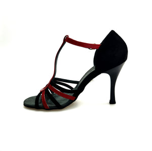 DILETTA (R.L. T114 By WISH DANCE ) - Sandalo da Donna in Camoscio Nero Strisce sulla Pianta in Camoscio Nero e Vernice Rossa  con Tacco a Rocchettino Sottile Smaltato Nero