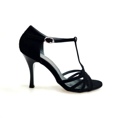 Sandalo donna Ruby Wish Dance in camoscio nero con Swarovski sul tallone e tacco sottile smaltato nero.