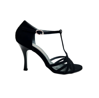 Sandalo da donna Ruby Wish Dance in camoscio nero con Swarovski sul tallone e tacco sottile smaltato nero.