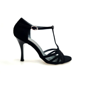 RUBY (R.L. R119 By WISH DANCE ) - Sandalo da Donna in Camoscio Nero con Riga di Swarovski sul Tallone  con Tacco a Rocchettino Sottile Smaltato Nero