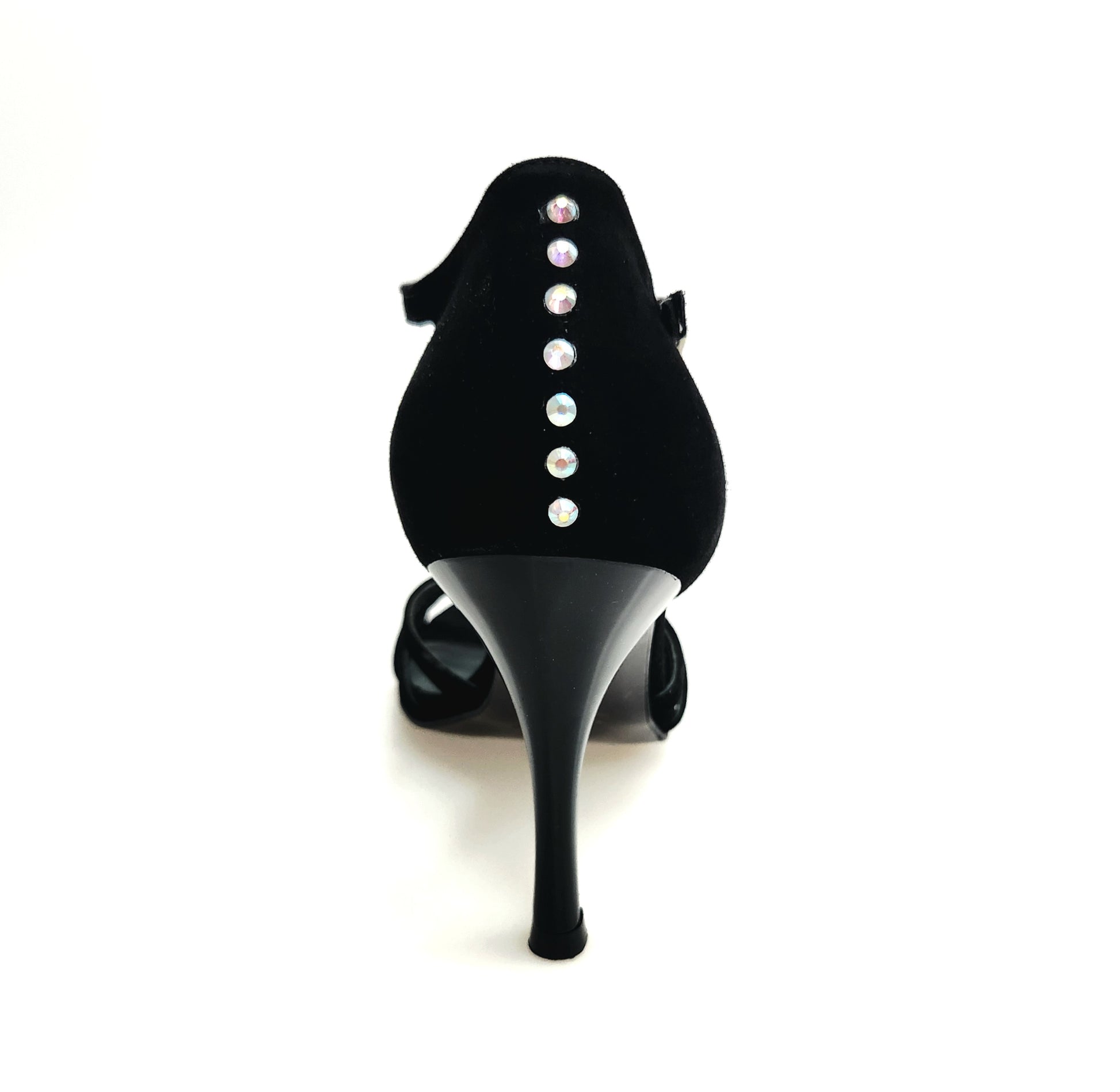 Sandalo da donna Ruby Wish Dance in camoscio nero con Swarovski sul tallone e tacco sottile smaltato nero.