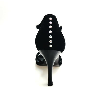 Sandalo da donna Ruby Wish Dance in camoscio nero con Swarovski sul tallone e tacco sottile smaltato nero.