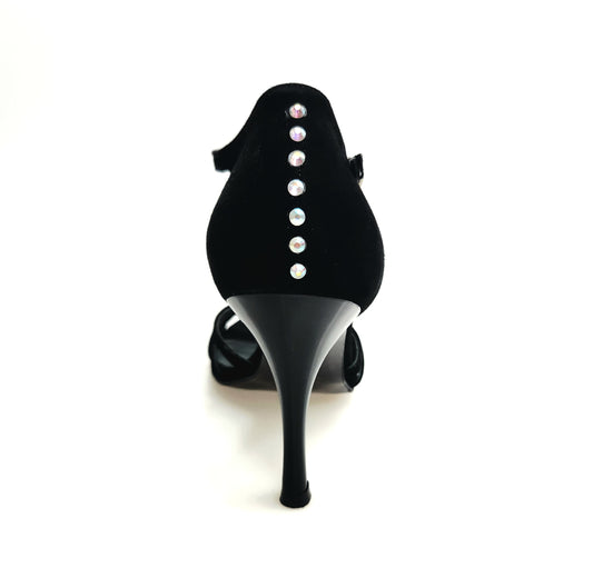 Sandalo da donna Ruby Wish Dance in camoscio nero con Swarovski sul tallone e tacco sottile smaltato nero.