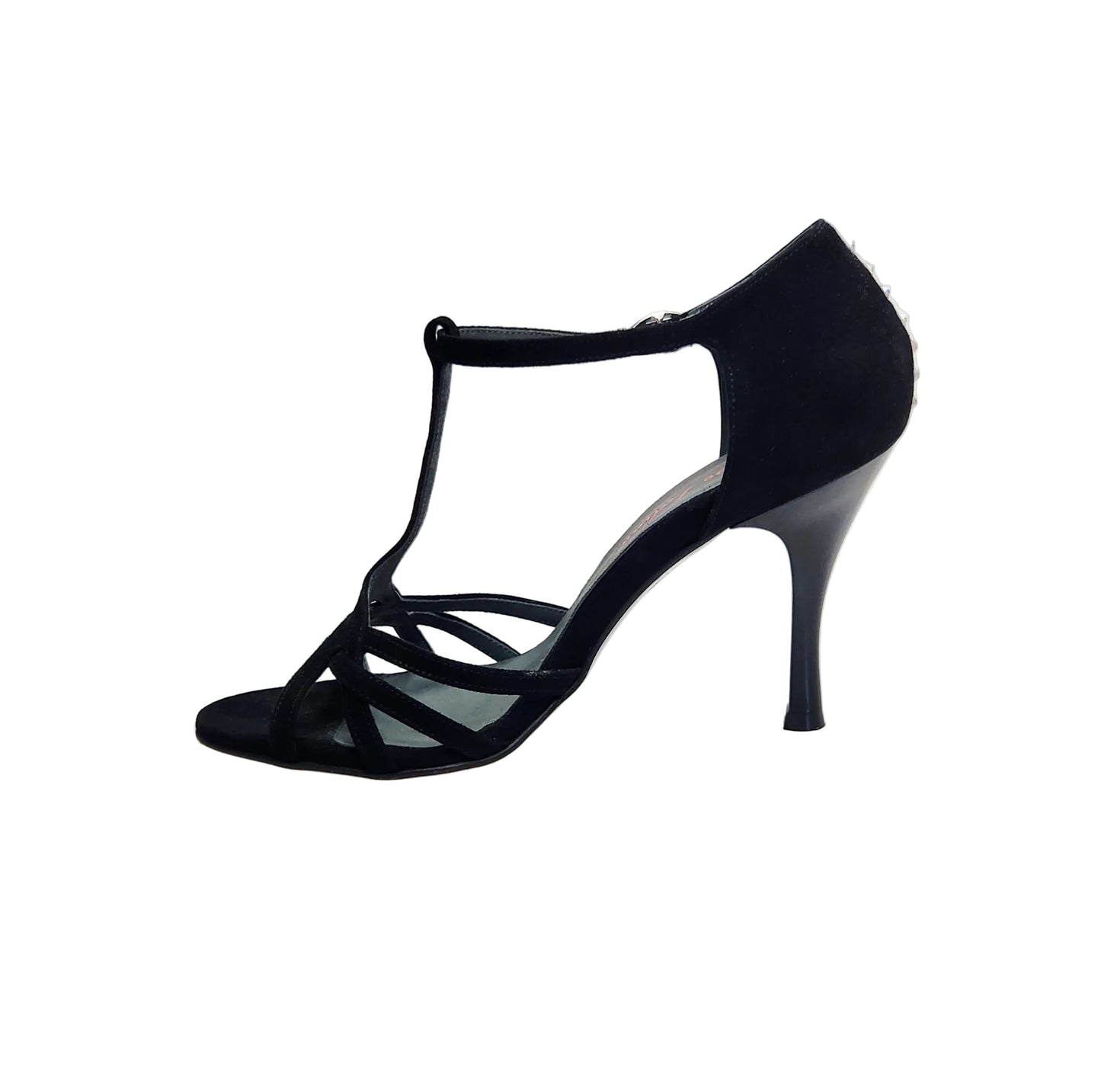 Sandalo donna Ruby Wish Dance in camoscio nero con Swarovski sul tallone e tacco sottile smaltato nero.