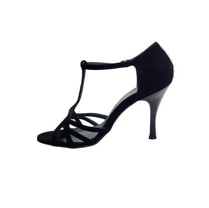 Sandalo donna Ruby Wish Dance in camoscio nero con Swarovski sul tallone e tacco sottile smaltato nero.