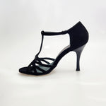 Load image into Gallery viewer, RUBY (R.L. R119 By WISH DANCE ) - Sandalo da Donna in Camoscio Nero con Riga di Swarovski sul Tallone  con Tacco a Rocchettino Sottile Smaltato Nero
