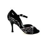 Load image into Gallery viewer, AMINA/P  F.533 (R.L. by WISH DANCE) - Sandalo da donna Tallone in camoscio nero con applicazione di Paillettes Bicolore Silver e nero Nero con Tacco a Rocchettino Smaltato nero
