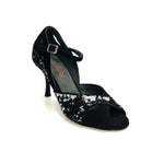 Load image into Gallery viewer, AMINA/P  F.533 (R.L. by WISH DANCE) - Sandalo da donna Tallone in camoscio nero con applicazione di Paillettes Bicolore Silver e nero Nero con Tacco a Rocchettino Smaltato nero
