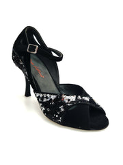 Carica immagine nella Galleria, AMINA/P  F.533 (R.L. by WISH DANCE) - Sandalo da donna Tallone in camoscio nero con applicazione di Paillettes Bicolore Silver e nero Nero con Tacco a Rocchettino Smaltato nero
