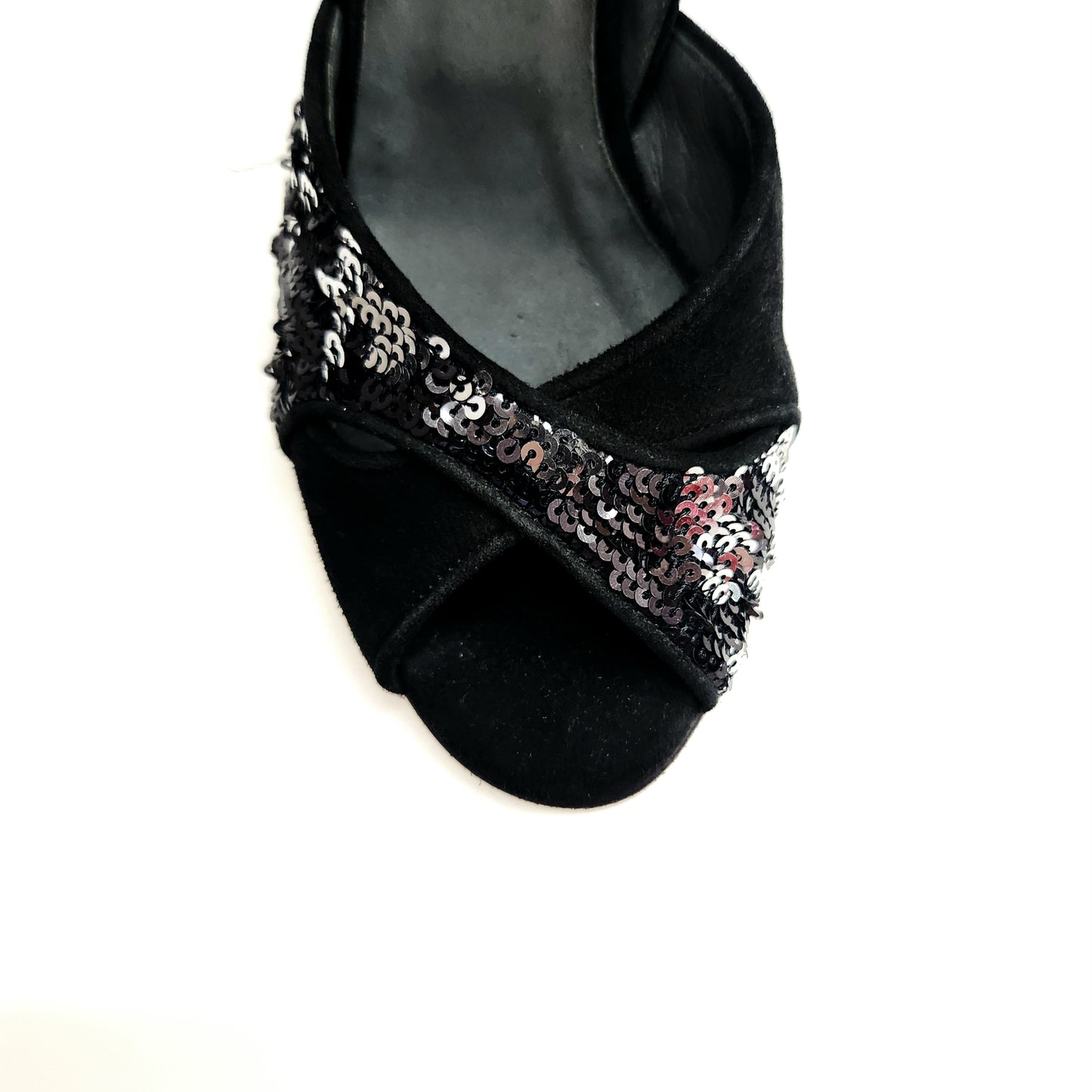 Sandalo donna Wish Dance, AMINA/P F.533, tallone in camoscio nero con paillettes bicolore silver e nero, tacco a rocchetto smaltato