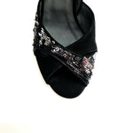 Load image into Gallery viewer, AMINA/P  F.533 (R.L. by WISH DANCE) - Sandalo da donna Tallone in camoscio nero con applicazione di Paillettes Bicolore Silver e nero Nero con Tacco a Rocchettino Smaltato nero
