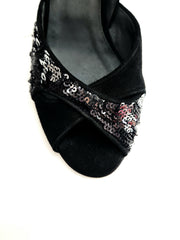 Carica immagine nella Galleria, AMINA/P  F.533 (R.L. by WISH DANCE) - Sandalo da donna Tallone in camoscio nero con applicazione di Paillettes Bicolore Silver e nero Nero con Tacco a Rocchettino Smaltato nero
