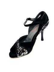 Carica immagine nella Galleria, AMINA/P  F.533 (R.L. by WISH DANCE) - Sandalo da donna Tallone in camoscio nero con applicazione di Paillettes Bicolore Silver e nero Nero con Tacco a Rocchettino Smaltato nero
