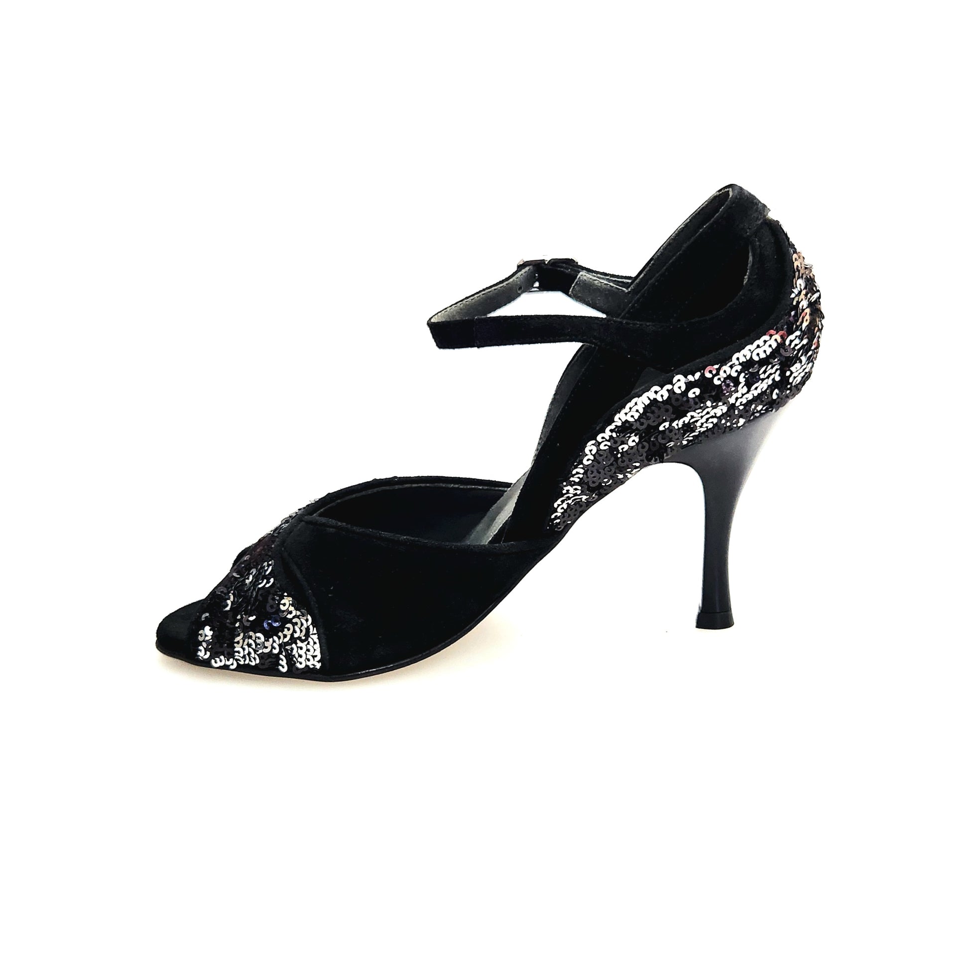 Sandalo donna Wish Dance AMINA/P F.533 con tallone in camoscio nero e paillettes bicolore silver e nero, tacco rocchetto smaltato nero