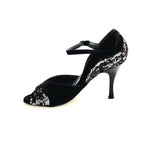 Load image into Gallery viewer, AMINA/P  F.533 (R.L. by WISH DANCE) - Sandalo da donna Tallone in camoscio nero con applicazione di Paillettes Bicolore Silver e nero Nero con Tacco a Rocchettino Smaltato nero
