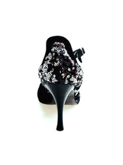 Carica immagine nella Galleria, AMINA/P  F.533 (R.L. by WISH DANCE) - Sandalo da donna Tallone in camoscio nero con applicazione di Paillettes Bicolore Silver e nero Nero con Tacco a Rocchettino Smaltato nero
