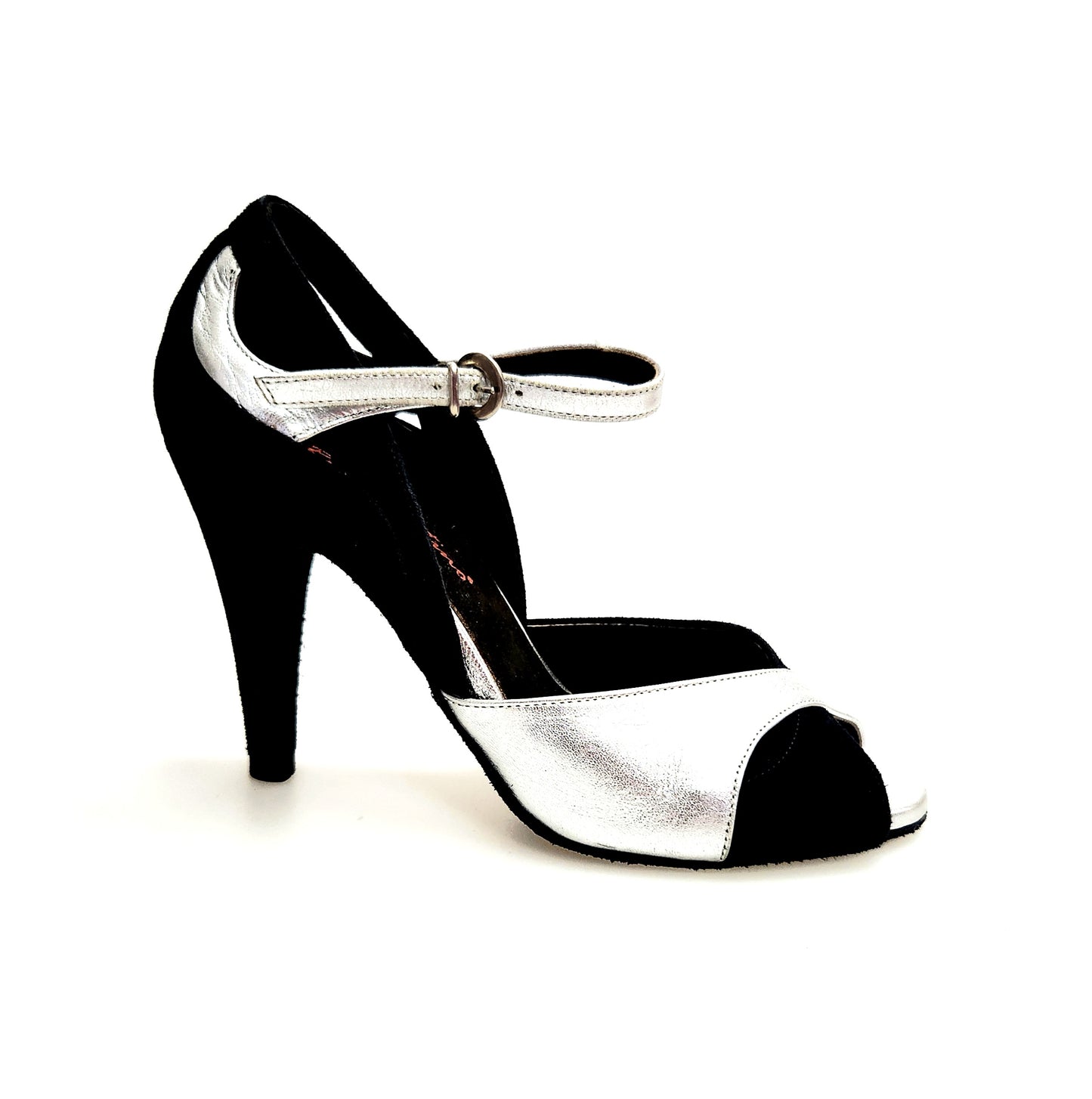 Sandalo donna Wish Dance in camoscio nero e pelle argento con tacco a spillo largo, elegante e alla moda.