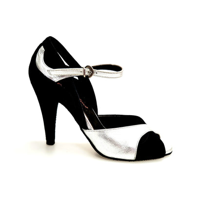 Sandalo donna Wish Dance in camoscio nero e pelle argento con tacco a spillo largo, elegante e alla moda.