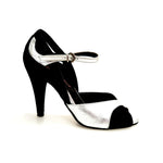 Load image into Gallery viewer, AMINA F.533 (R.L. by WISH DANCE) - Sandalo da donna  in camoscio Nero e Pelle Argento  con Tacco a Spillo Largo
