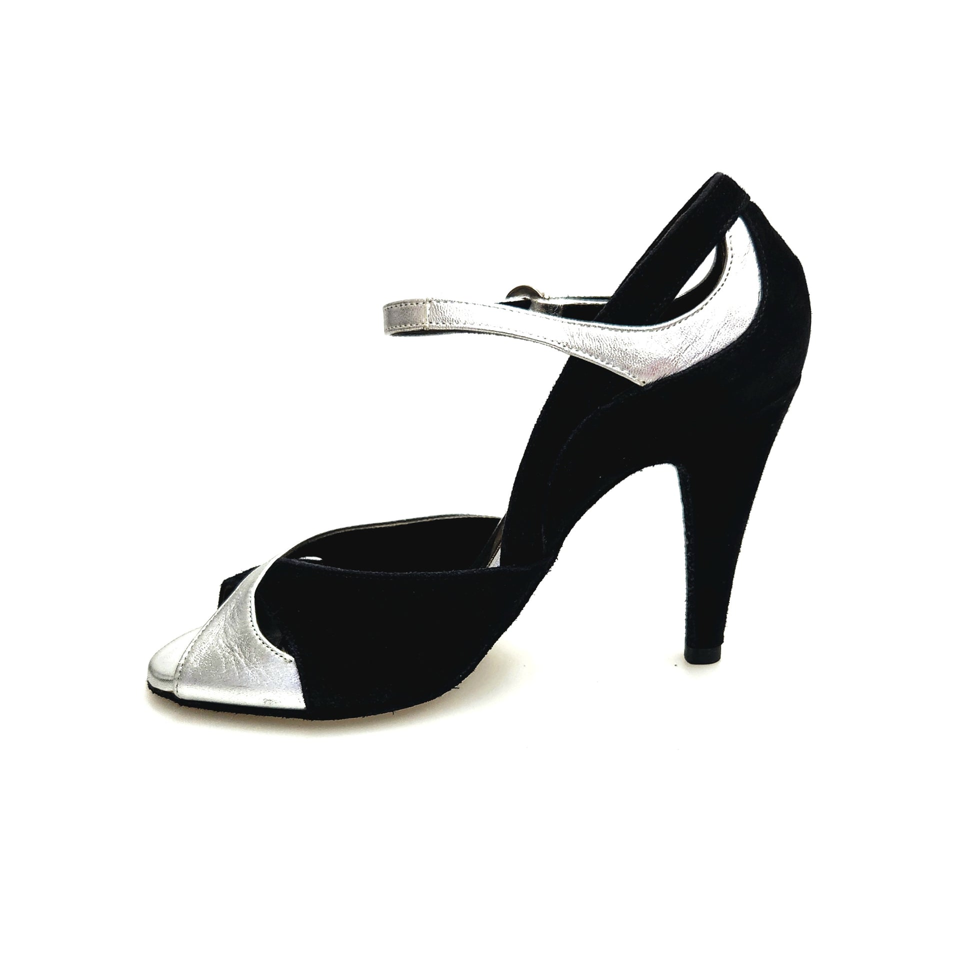Sandalo donna Wish Dance in camoscio nero e pelle argento con tacco a spillo largo, elegante e alla moda.