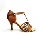 Load image into Gallery viewer, DILETTA Plus SW (R.L. T114 By WISH DANCE ) -  Sandalo da Donna in Raso Seta Bronzo Tan Strisce sulla Pianta in Raso Seta Bronzo Tan Applicazione di Swarovski Boreali con Tacco a Rocchettino Sottile
