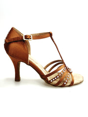 Carica immagine nella Galleria, DILETTA Plus SW (R.L. T114 By WISH DANCE ) -  Sandalo da Donna in Raso Seta Bronzo Tan Strisce sulla Pianta in Raso Seta Bronzo Tan Applicazione di Swarovski Boreali con Tacco a Rocchettino Sottile
