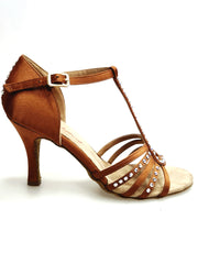 Carica immagine nella Galleria, DILETTA Plus SW (R.L. T114 By WISH DANCE ) -  Sandalo da Donna in Raso Seta Bronzo Tan Strisce sulla Pianta in Raso Seta Bronzo Tan Applicazione di Swarovski Boreali con Tacco a Rocchettino Sottile
