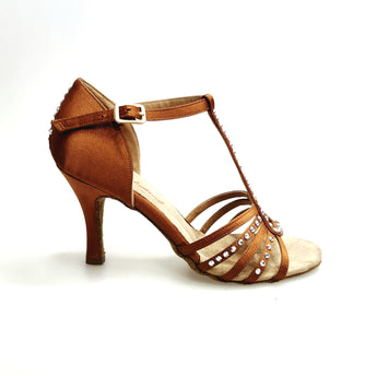 DILETTA Plus SW (R.L. T114 By WISH DANCE ) -  Sandalo da Donna in Raso Seta Bronzo Tan Strisce sulla Pianta in Raso Seta Bronzo Tan Applicazione di Swarovski Boreali con Tacco a Rocchettino Sottile