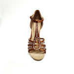 Load image into Gallery viewer, DILETTA Plus SW (R.L. T114 By WISH DANCE ) -  Sandalo da Donna in Raso Seta Bronzo Tan Strisce sulla Pianta in Raso Seta Bronzo Tan Applicazione di Swarovski Boreali con Tacco a Rocchettino Sottile
