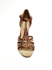 Carica immagine nella Galleria, DILETTA Plus SW (R.L. T114 By WISH DANCE ) -  Sandalo da Donna in Raso Seta Bronzo Tan Strisce sulla Pianta in Raso Seta Bronzo Tan Applicazione di Swarovski Boreali con Tacco a Rocchettino Sottile
