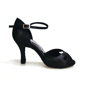 Ely QA (32QA) - Scarpa da Donna in Raso Seta Nero Cinturino Singolo alla Caviglia e Tacco a Rocchetto
