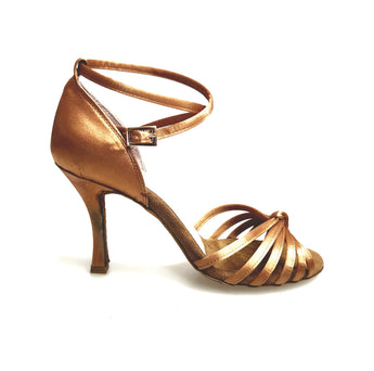 Patty QB (28QB) - Scarpa da Ballo Basica da Donna in Raso Seta Bronzo Nodino con 6 Fascette e cinturino doppio sulla caviglia con Tacco a Rocchettino