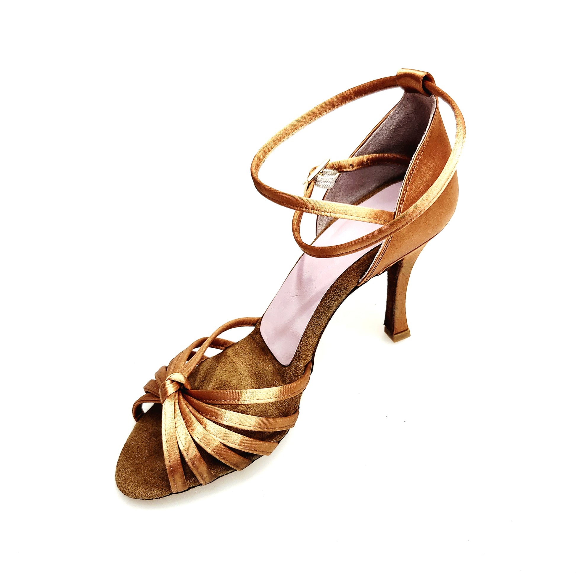 Scarpa da ballo donna Patty QB Wish Dance Shop in raso seta bronzo, con fascette, cinturino doppio e tacco rocchettino.