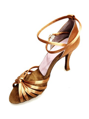 Load image into Gallery viewer, Patty QB (28QB) - Scarpa da Ballo Basica da Donna in Raso Seta Bronzo Nodino con 6 Fascette e cinturino doppio sulla caviglia con Tacco a Rocchettino
