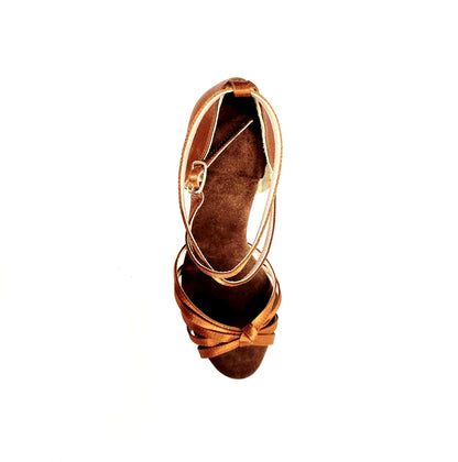 Scarpa da ballo Donna Patty 5F QB N in raso seta bronzo scuro con fascette e fodera in pelle, modello basico.