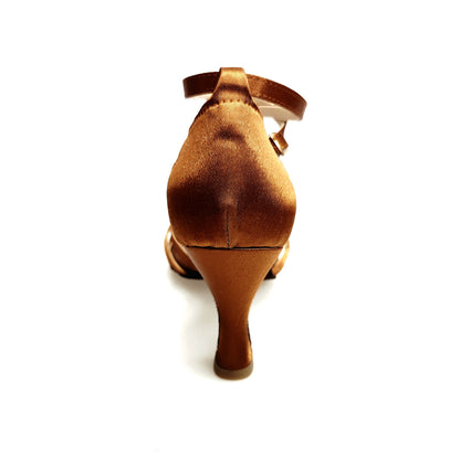 Scarpa da ballo Wish Dance Shop Patty 5F QB N in raso seta bronzo scuro con fasce e fodera in pelle, donna.